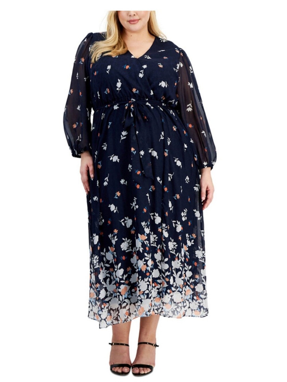 Robbie Bee Navy Blue Floral Wrap Dress
